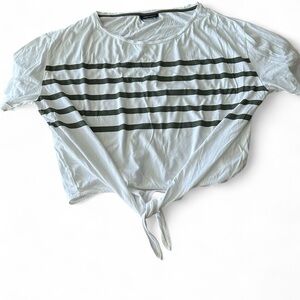 Saint-James Striped Tie-Front Top - White and olive size 14